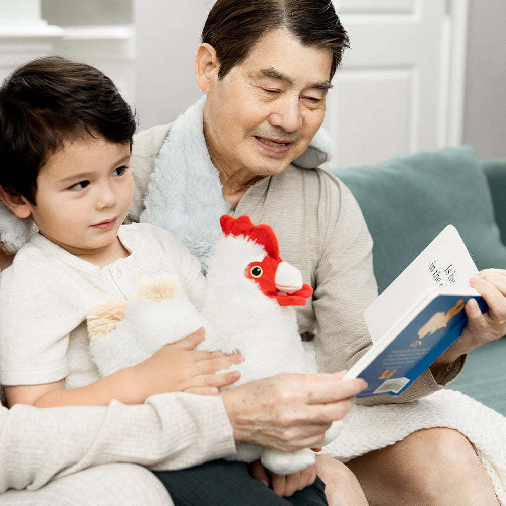 Image 104: Grandpa and grandchild cuddling cute Weighted Lavender Scented Chicken Stuffed Animal Heating Pad Warmies