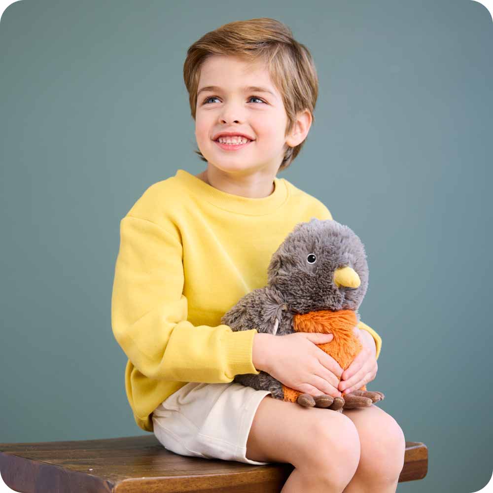 Image 99: Little boy sitting on a chair holding a American Robin Warmies in his lap.